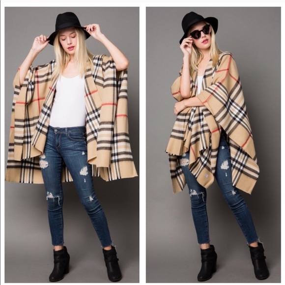 Classic Plaid Poncho Cardigan Scarf Wrap - Picture 5 of 8